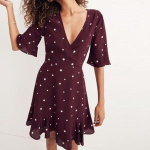 Madewell Silk Burgundy Star Print Ruffle Hem Dress